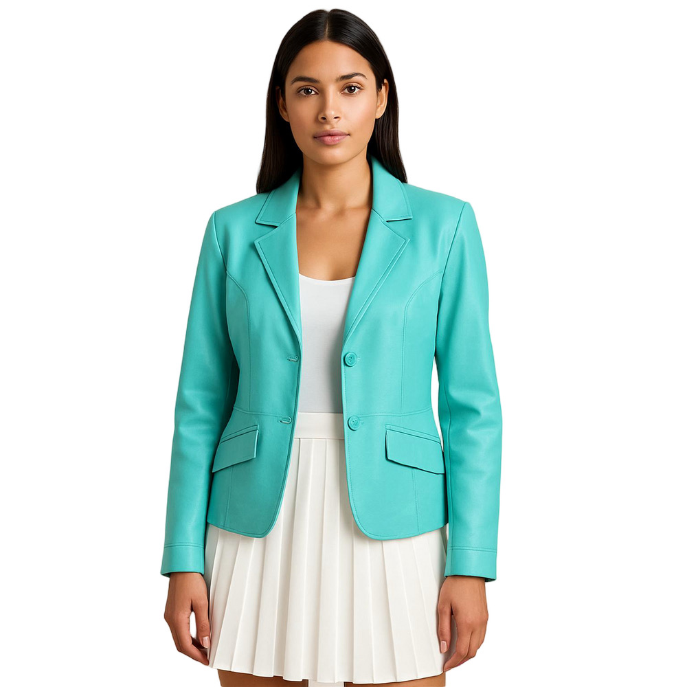 CLEO Women's Petite LargeTurquoise Leather 2 Button Blazer Jacket